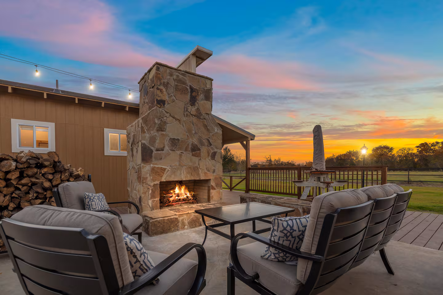Outdoor fireplace at sunset